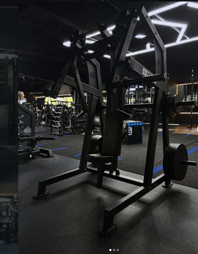 Plate loaded training station under the gym ceiling lights